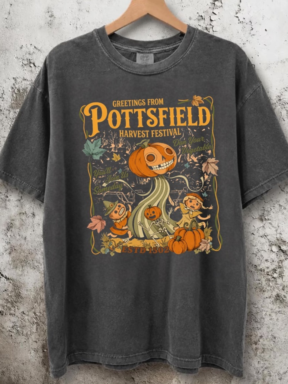 Comfort Colors Greetings From Pottsfield Harvest Festival Pumpkin Skeleton Tee